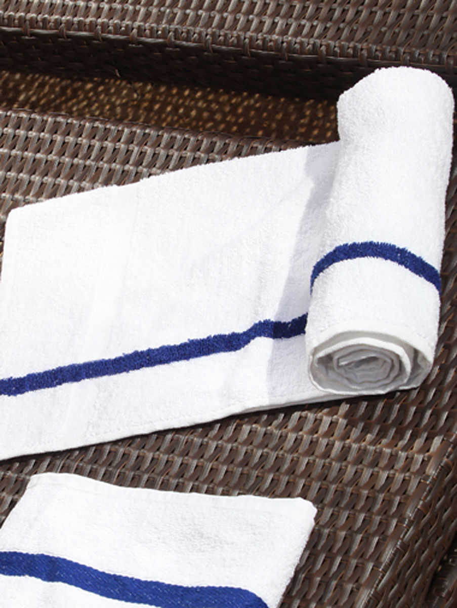 Can you describe the features of blue and white striped pool towels with a blue center stripe?