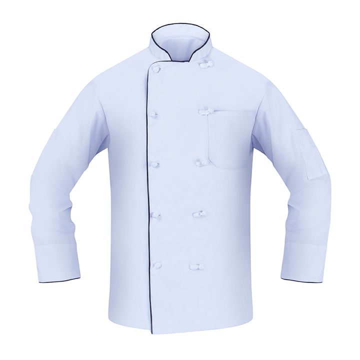 Can you specify the material used in these executive chef coats with black piping?