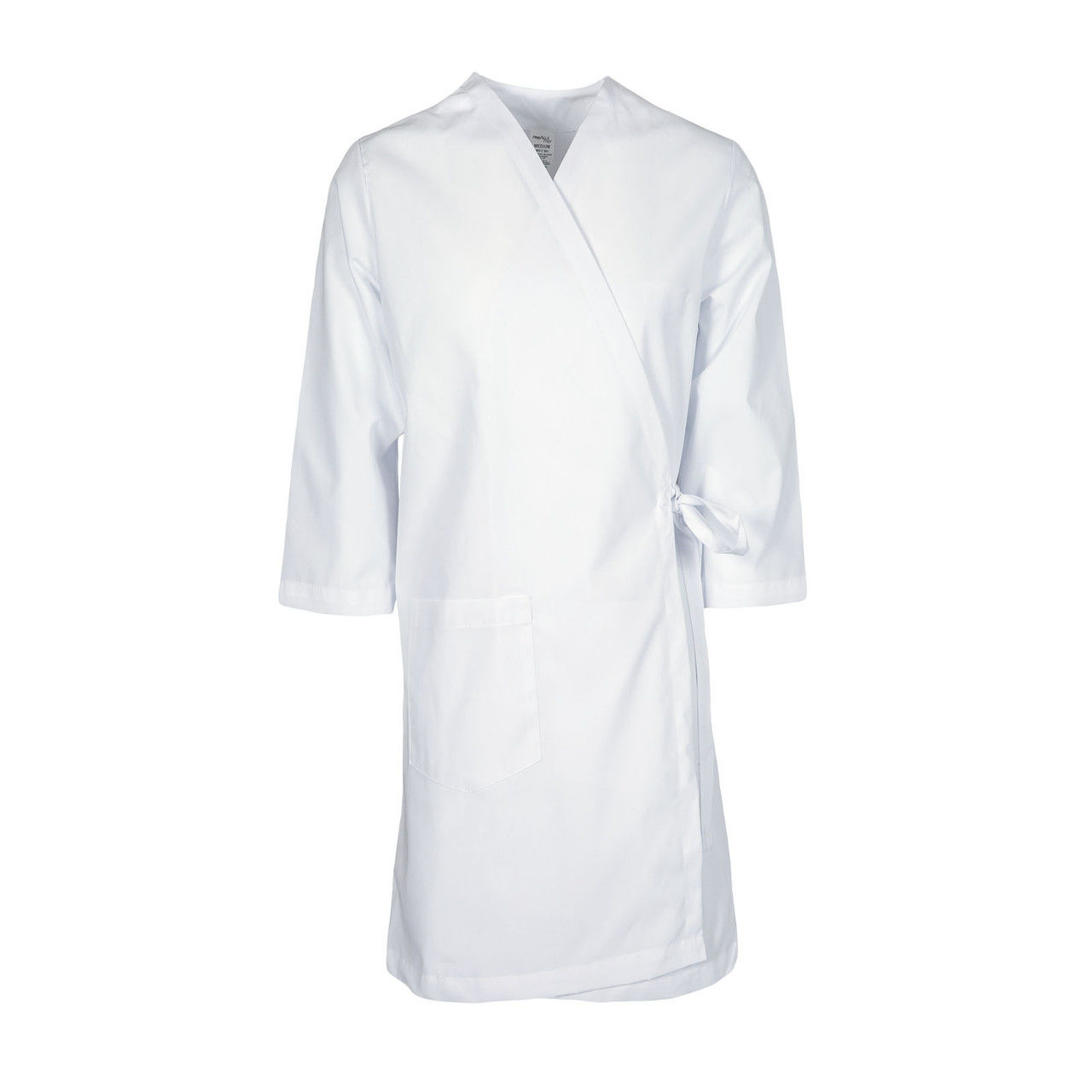 Can you specify the fabric of the white, 3-pocket smock gown?