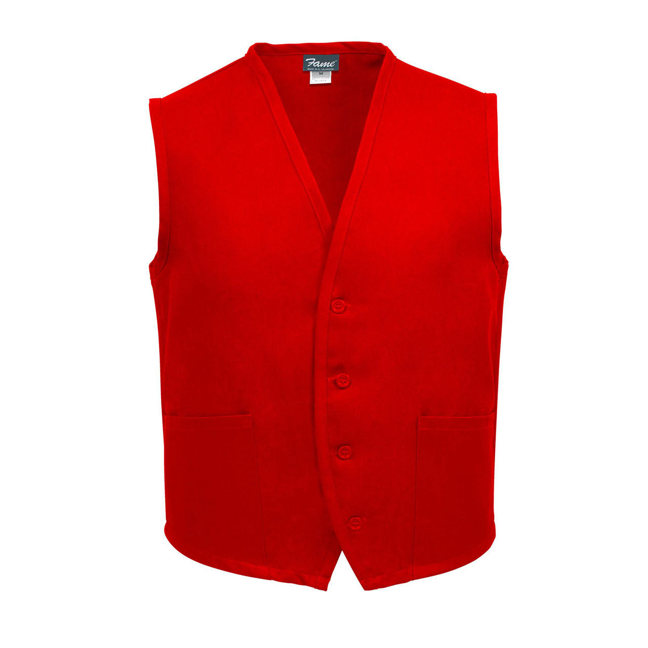 In the red vest, how does the closure of the Unisex Uniform Vest work?