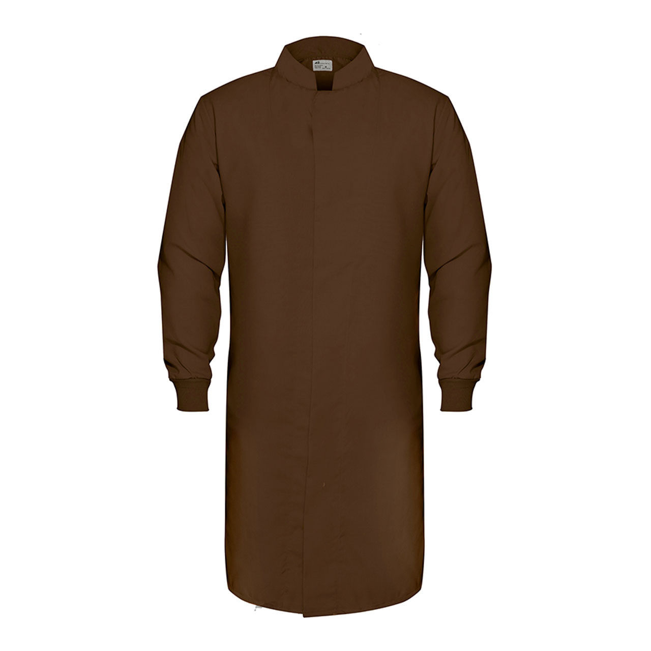 Does the brown lab coat have a button or zipper closure?