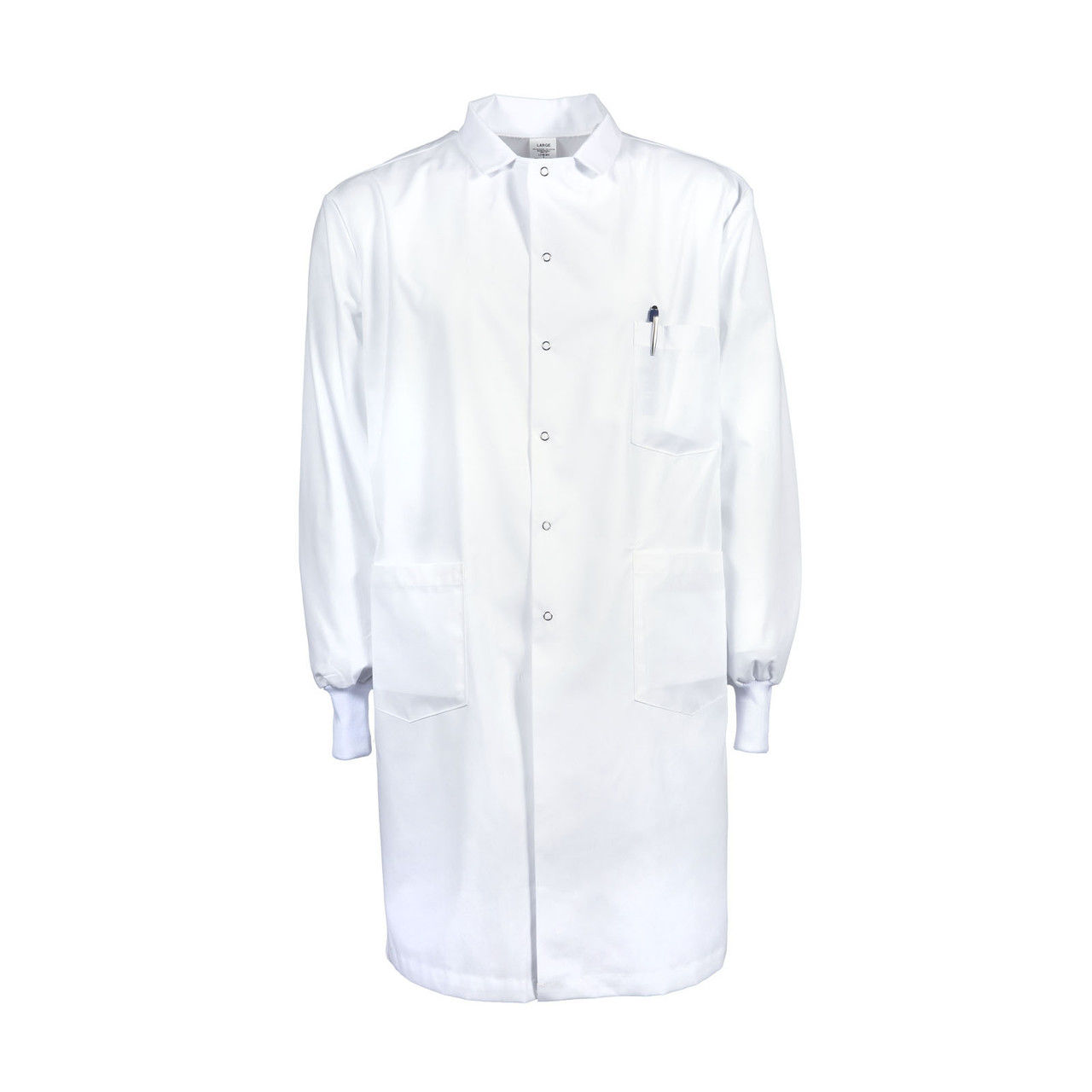 What is the use of buttons or snaps in laboratory coats?