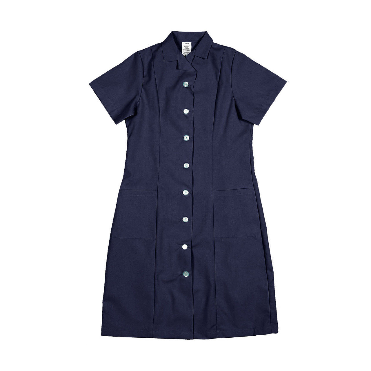 What characteristics does the light blue uniform dress share with the Navy Blue Princess Dress fabric?