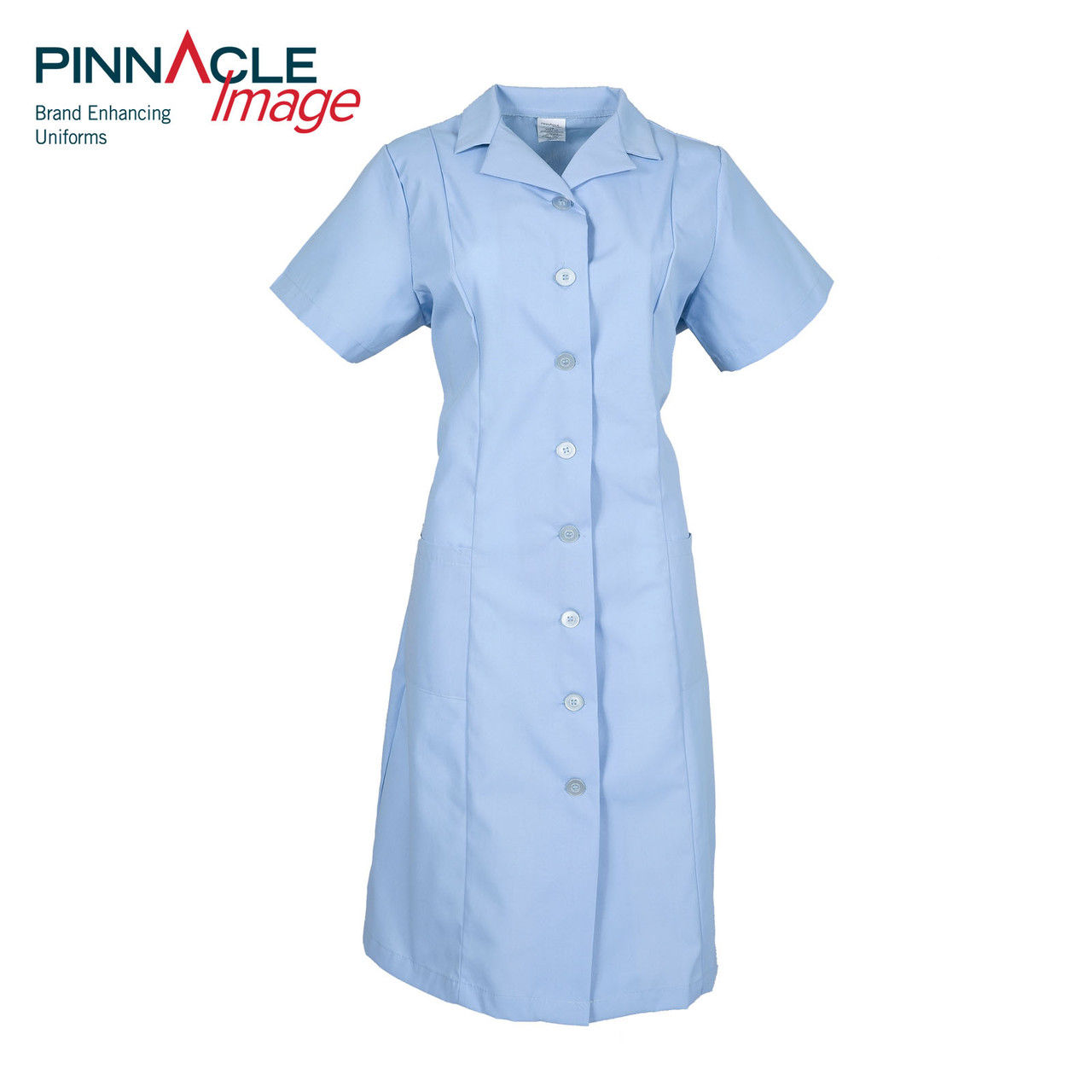 Does the blue uniform dress have a zip or button closure?