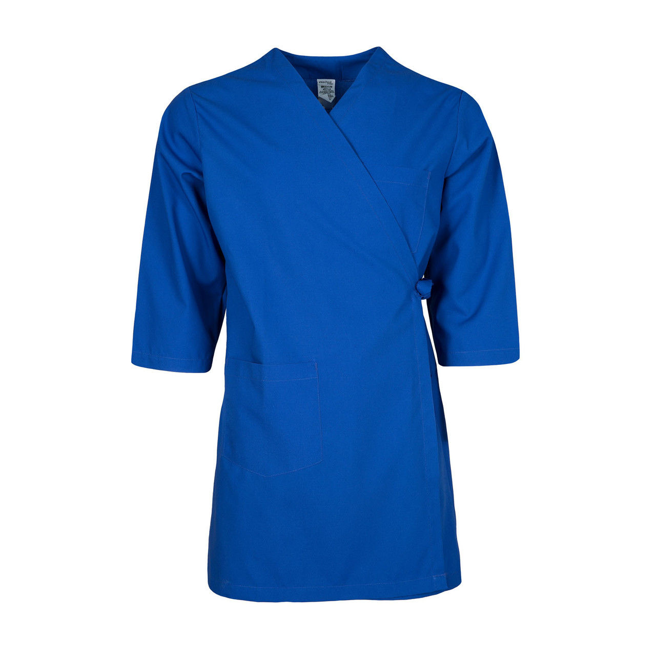 What is the design of the Royal Blue Wraparound Smock Gown with Pockets?