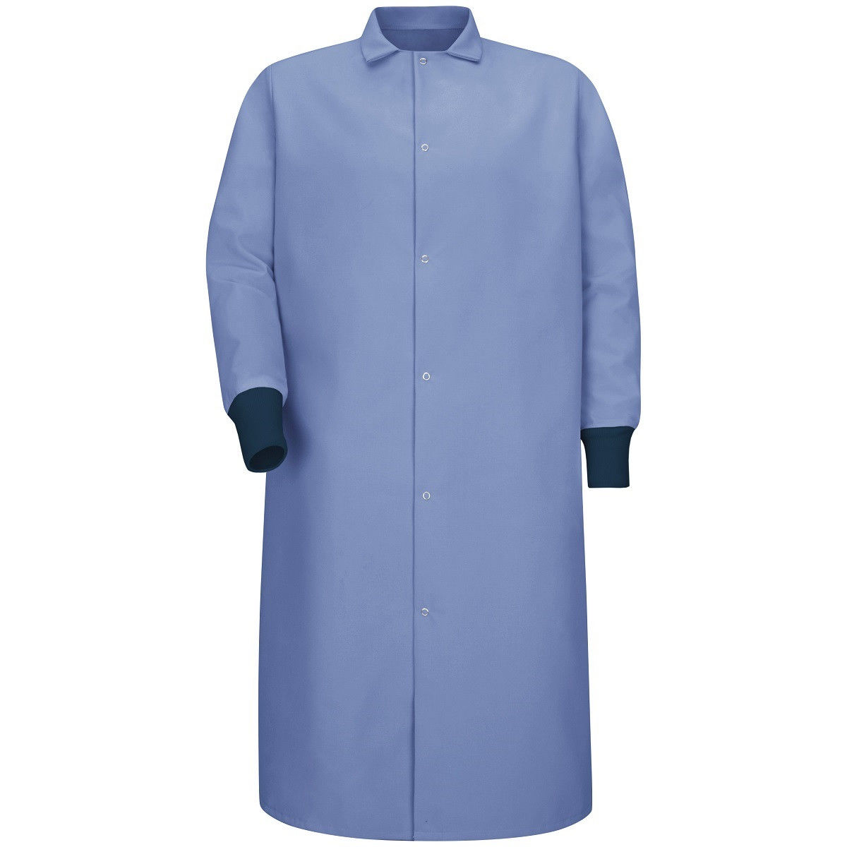 What type of fabric and color is the Red Kap KS60LB butcher coat?