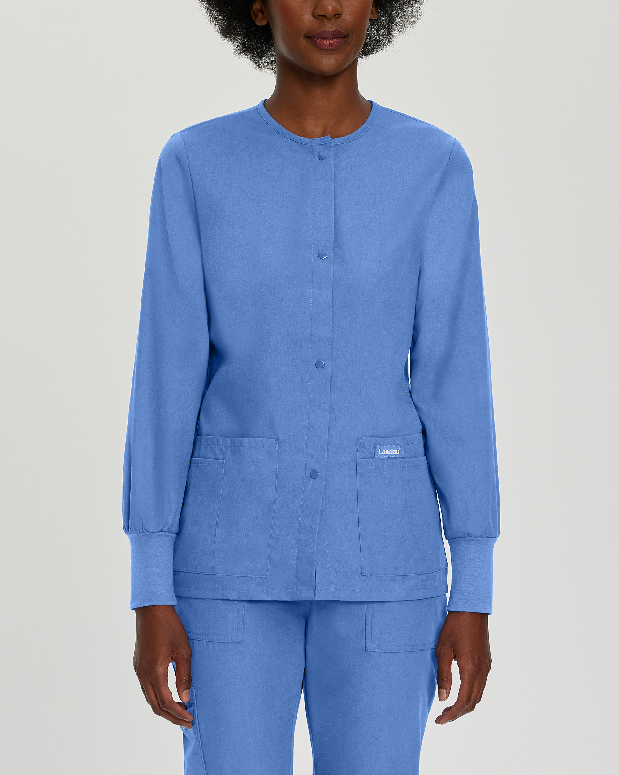 Landau Essentials Scrub Jacket for Women: Classic Relaxed Fit Crew Neck, Snap Front, Knit Cuffs, 4 Pocket 7525 Questions & Answers