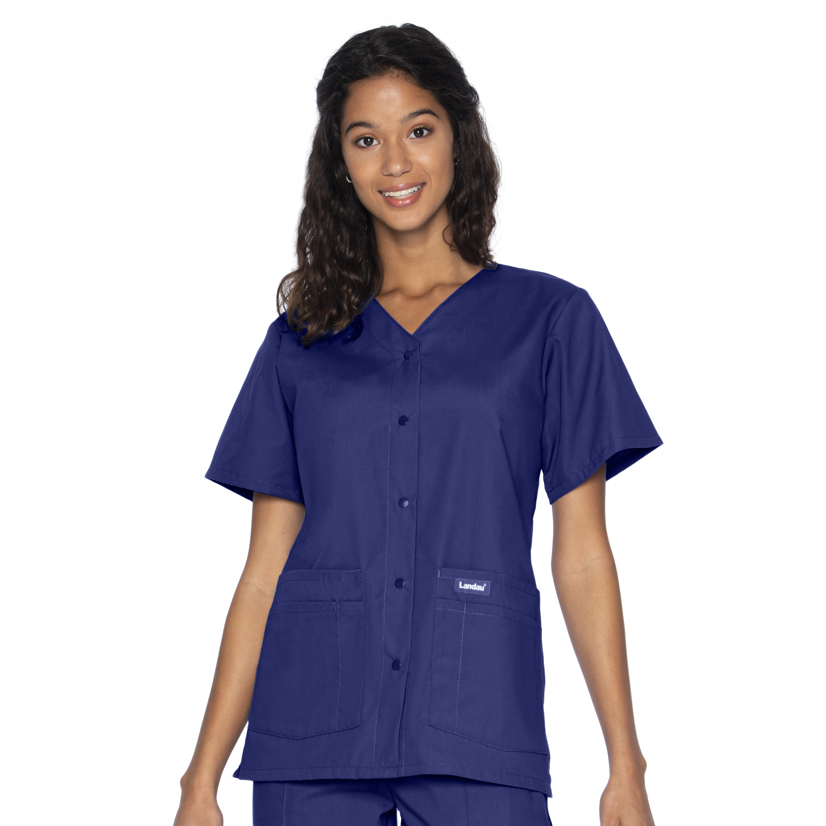 Landau Essentials Snap Front Scrub Top for Women: Classic Relaxed Fit, V-Neck, 4 Pockets 8232 Questions & Answers