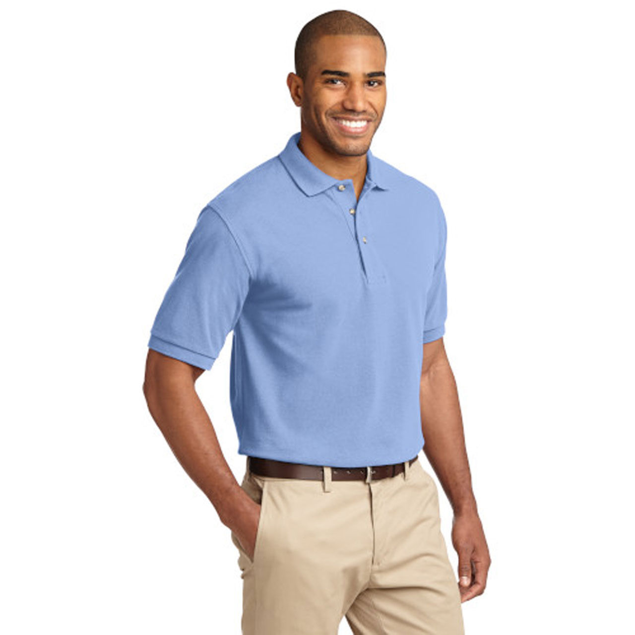 Does the blue polo shirt with khaki pants have a certain collar and cuff type?