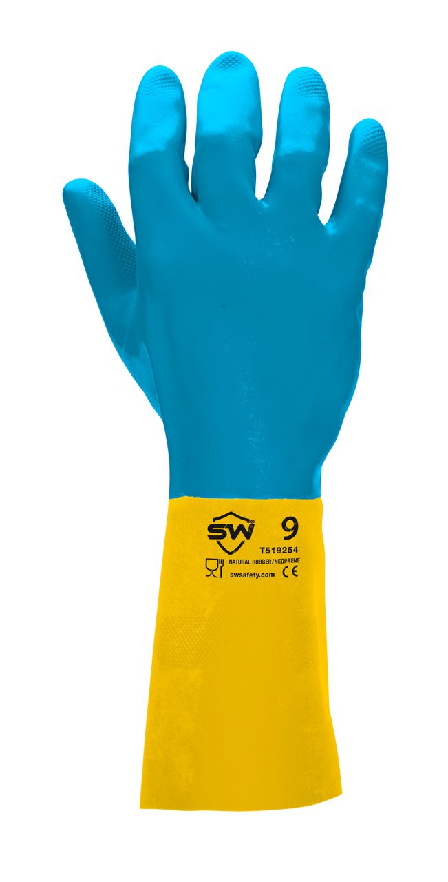 Wholesale Latex Gloves with CoreSafe Chemical Resistance, Neoprene, Yellow/Blue Flock-lined, 28 mil Thickness - F28YB Questions & Answers