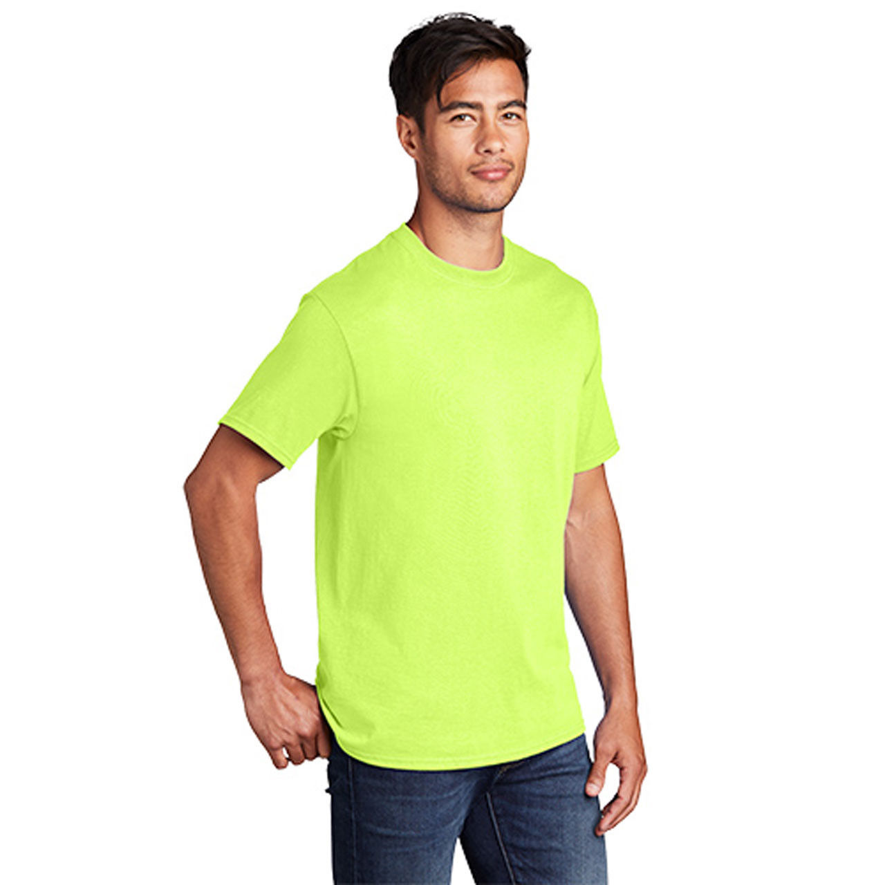 Does the neon color t-shirt have a certain type of neck?