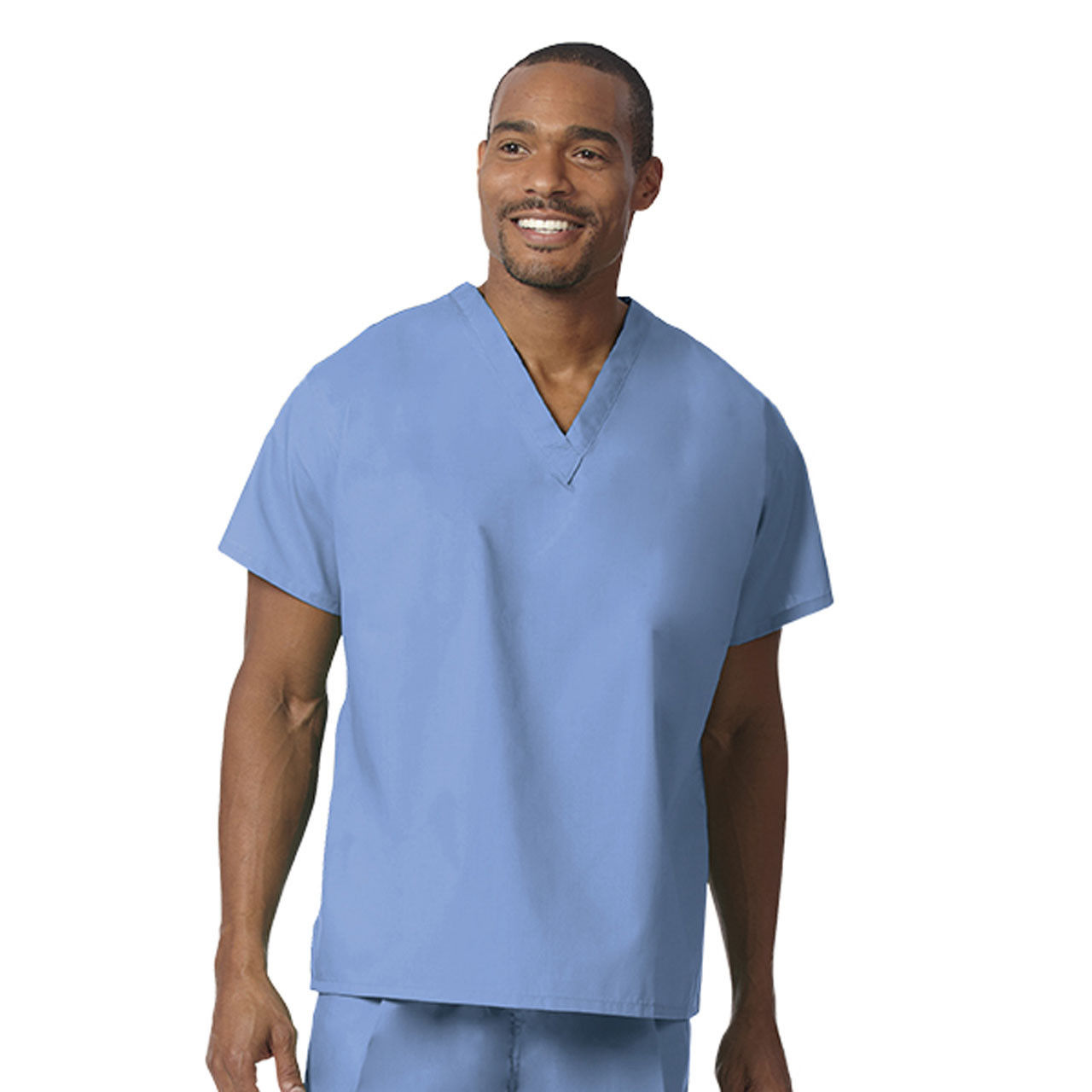 What characteristics does the blue surgical scrubs top from the Unisex Reversible Scrub Set have?