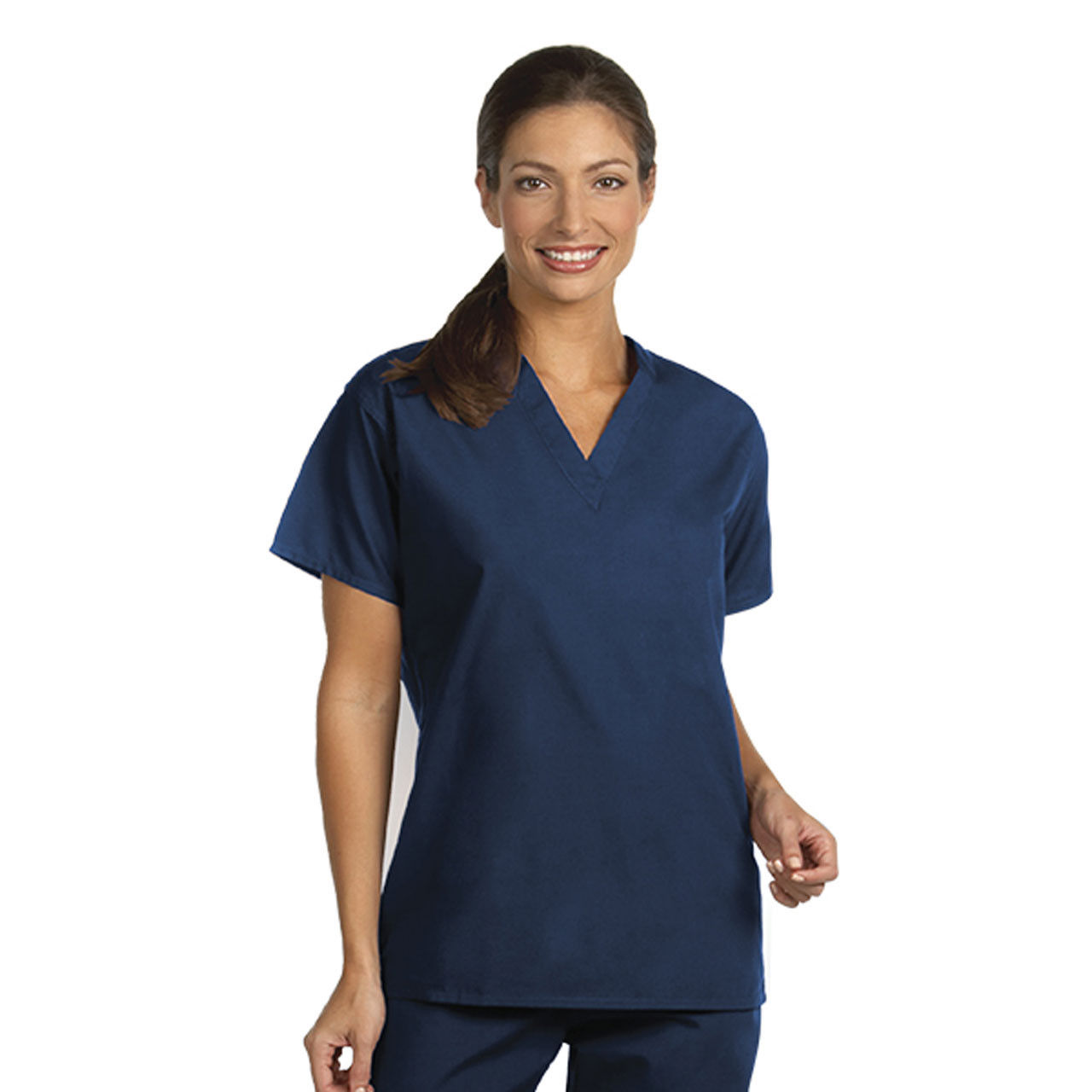 What is the material of the cheap scrubs set in navy blue reversible v-neck?