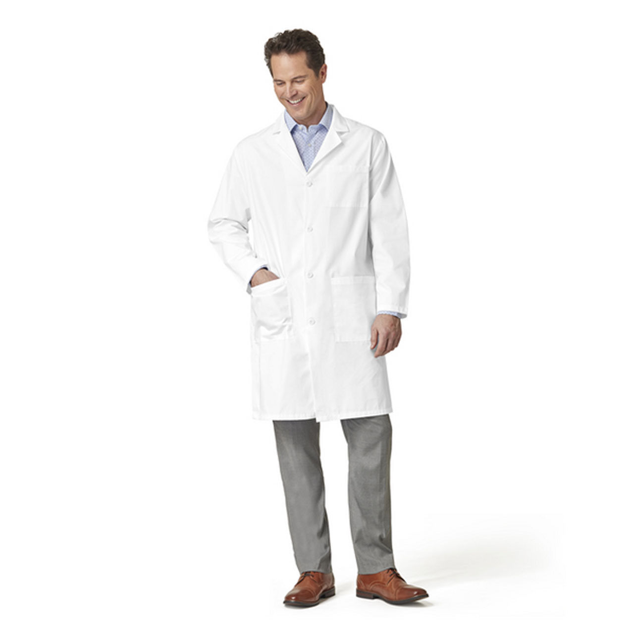Before buying lab coats wholesale, what material is the Unisex Lab Coat by Fashion Seal made of?